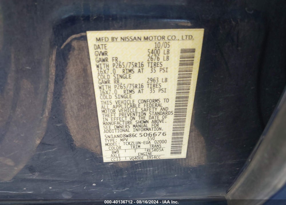 2006 NISSAN XTERRA OFF ROAD VIN: 5N1AN08W86C506676