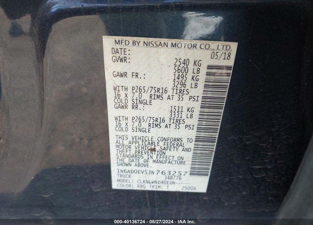 2018 NISSAN FRONTIER PRO-4X VIN: 1N6AD0EV5JN763257