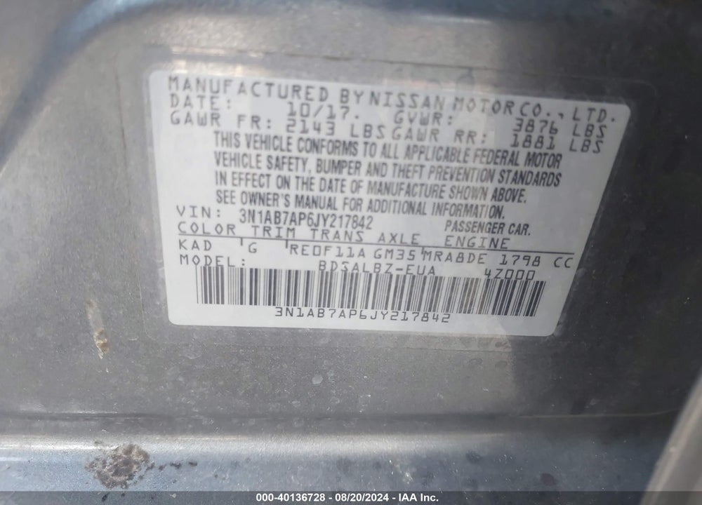 2018 NISSAN SENTRA S VIN: 3N1AB7AP6JY217842