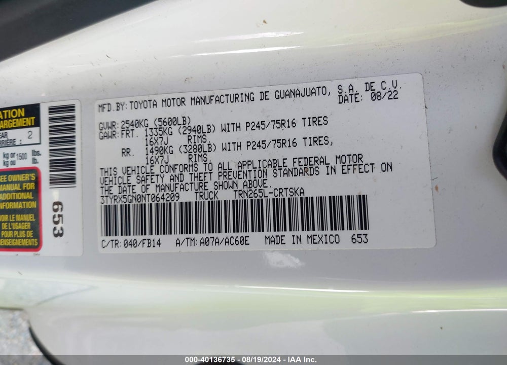 2022 TOYOTA TACOMA SR VIN: 3TYRX5GN0NT064209