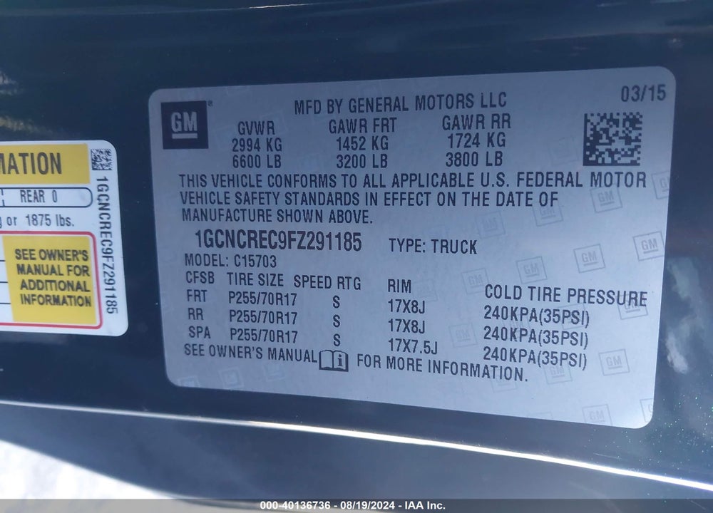 2015 CHEVROLET SILVERADO 1500 1LT VIN: 1GCNCREC9FZ291185