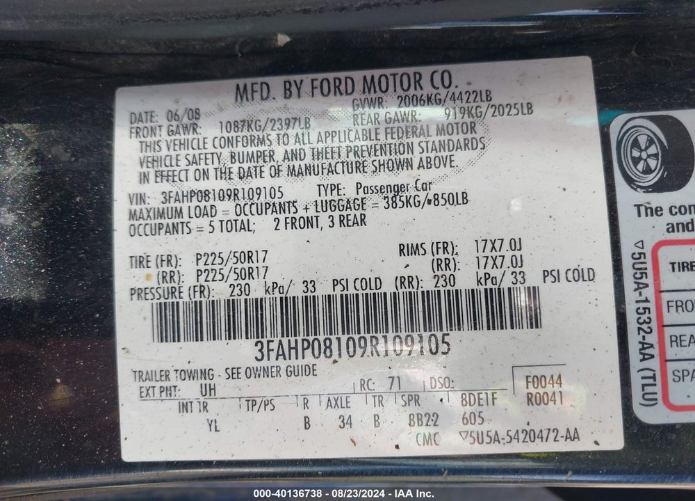 2009 FORD FUSION VIN: 3FAHP08109R109105