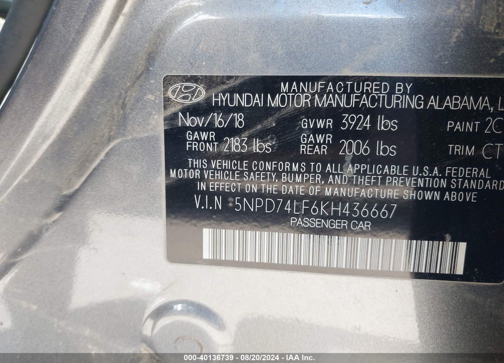 2019 HYUNDAI ELANTRA SE VIN: 5NPD74LF6KH436667