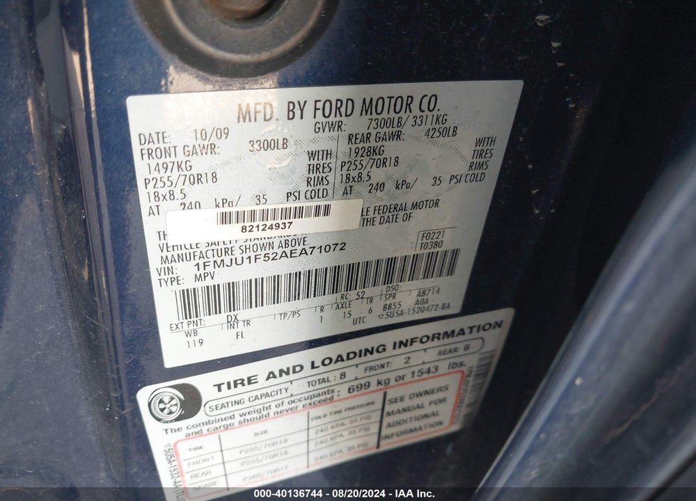 2010 FORD EXPEDITION XLT VIN: 1FMJU1F52AEA71072