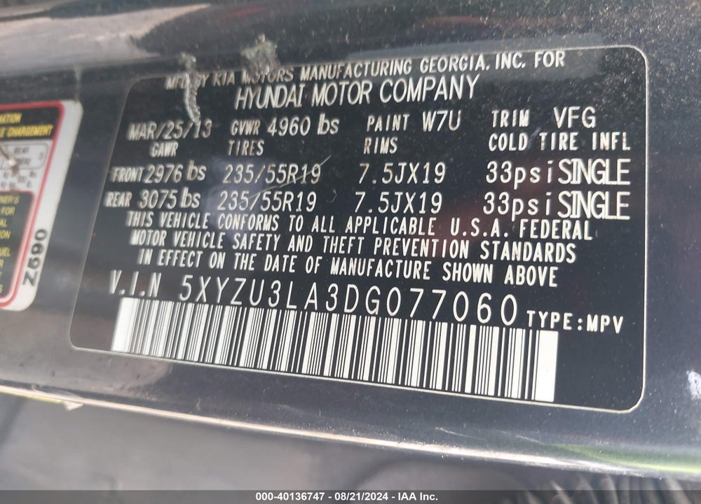 2013 HYUNDAI SANTA FE SPORT 2.0T VIN: 5XYZU3LA3DG077060