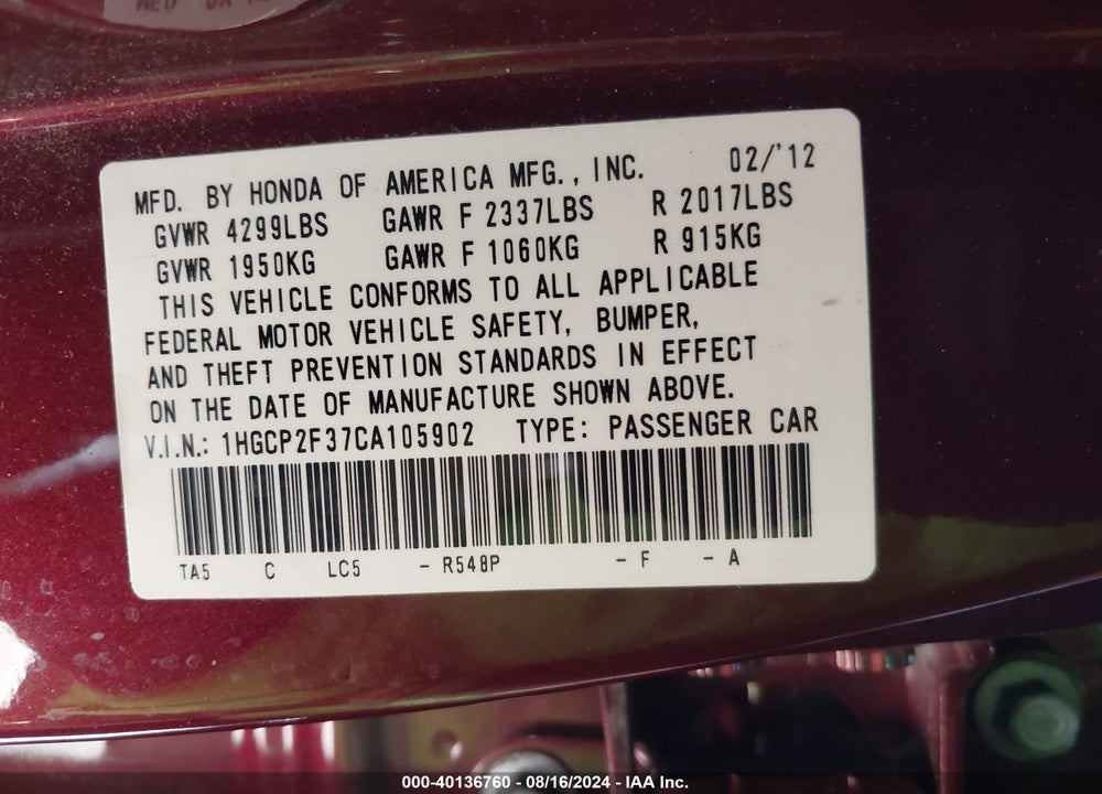 2012 HONDA ACCORD 2.4 LX VIN: 1HGCP2F37CA105902