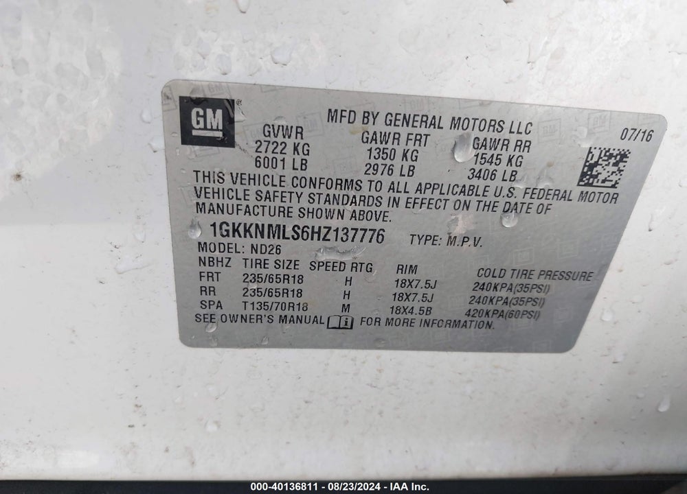 2017 GMC ACADIA VIN: 1GKKNMLS6HZ137776