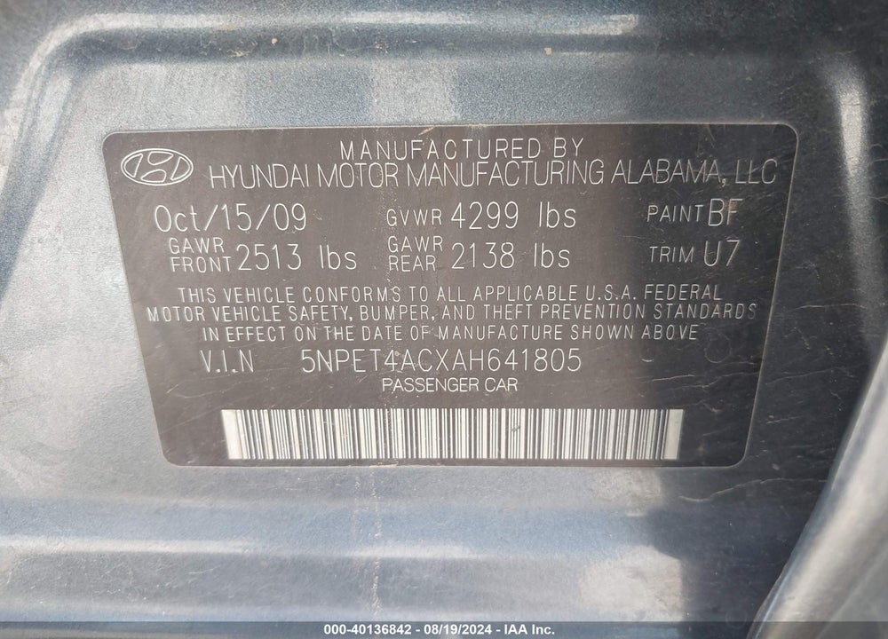 2010 HYUNDAI SONATA GLS VIN: 5NPET4ACXAH641805