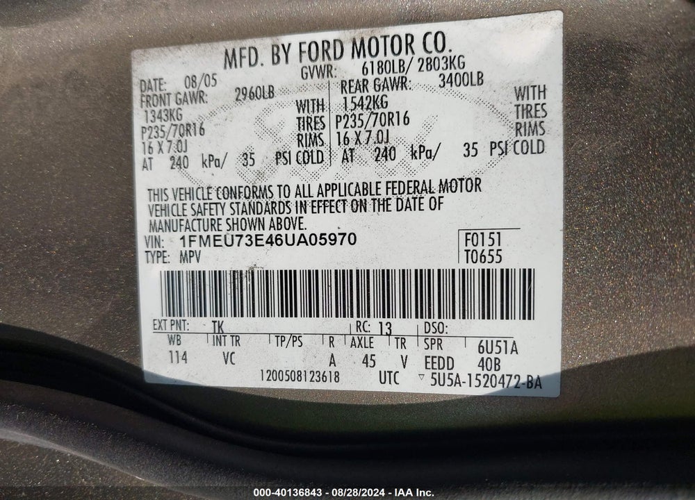 2006 FORD EXPLORER XLT VIN: 1FMEU73E46UA05970