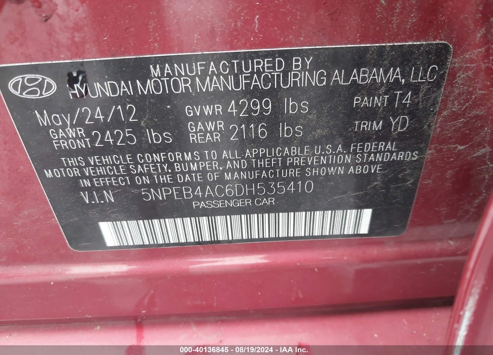 2013 HYUNDAI SONATA GLS VIN: 5NPEB4AC6DH535410