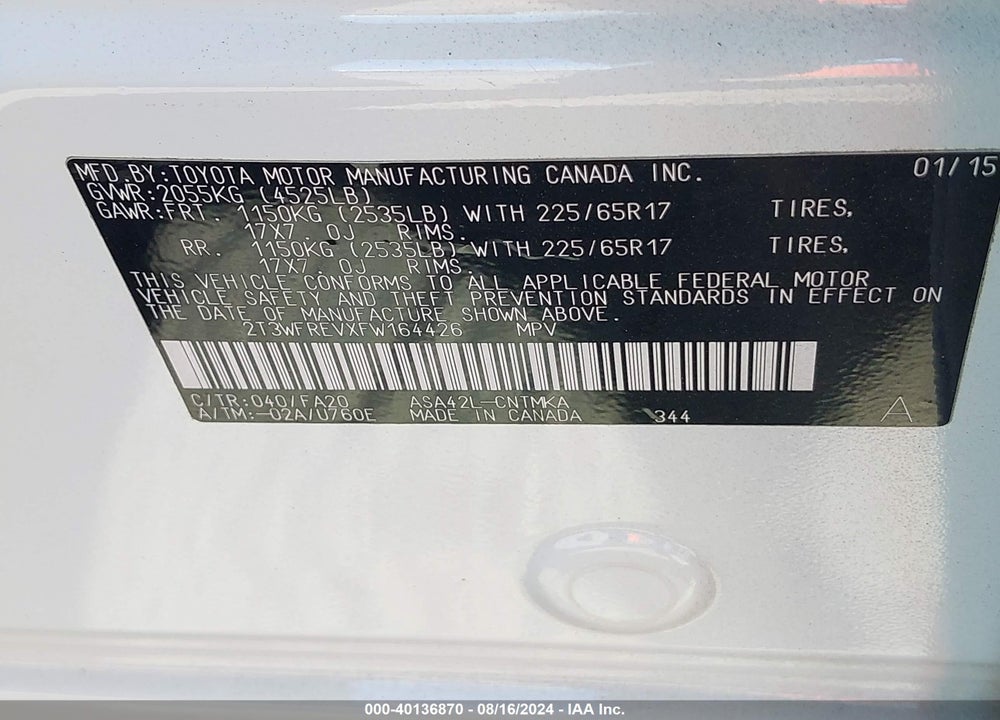 2015 TOYOTA RAV4 XLE VIN: 2T3WFREVXFW164426