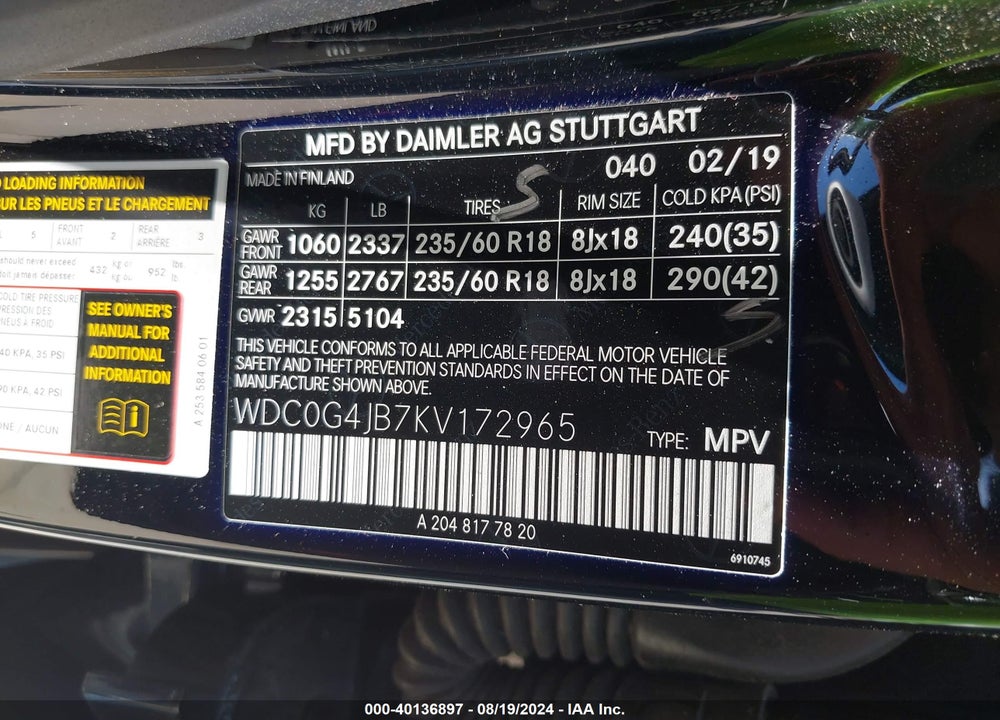 2019 MERCEDES-BENZ GLC 300 VIN: WDC0G4JB7KV172965