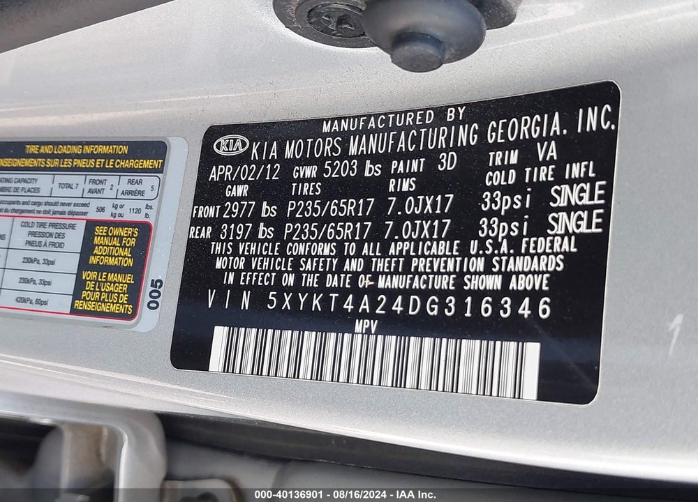 2013 KIA SORENTO LX V6 VIN: 5XYKT4A24DG316346
