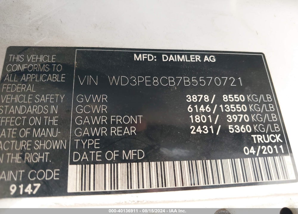 2011 MERCEDES-BENZ SPRINTER S VIN: WD3PE8CB7B5570721