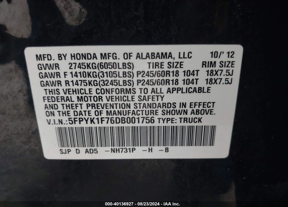 2013 HONDA RIDGELINE SPORT VIN: 5FPYK1F76DB001756