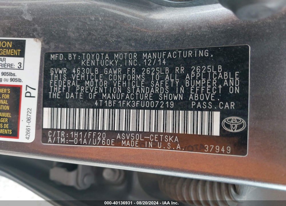 2015 TOYOTA CAMRY SE VIN: 4T1BF1FK3FU007219