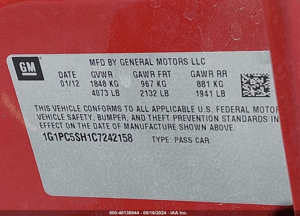 2012 CHEVROLET CRUZE LS VIN: 1G1PC5SH1C7242158