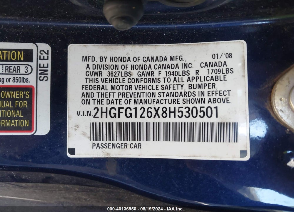 2008 HONDA CIVIC VIN: 2HGFG126X8H530501
