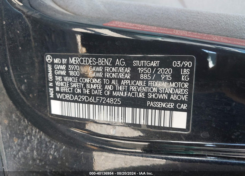 1990 MERCEDES-BENZ 190 E 2.6 VIN: WDBDA29D6LF724825