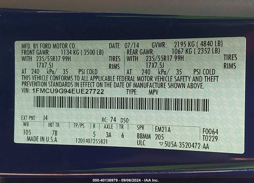 2014 FORD ESCAPE SE VIN: 1FMCU9G94EUE27722