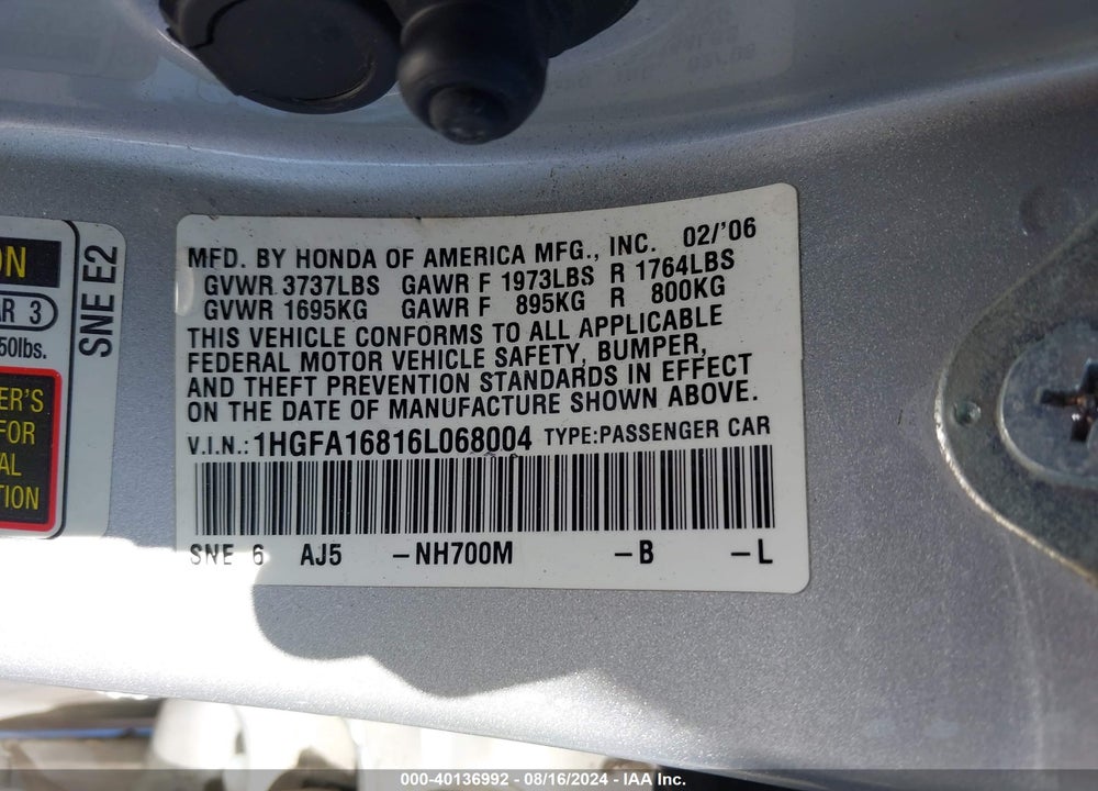 2006 HONDA CIVIC EX VIN: 1HGFA16816L068004