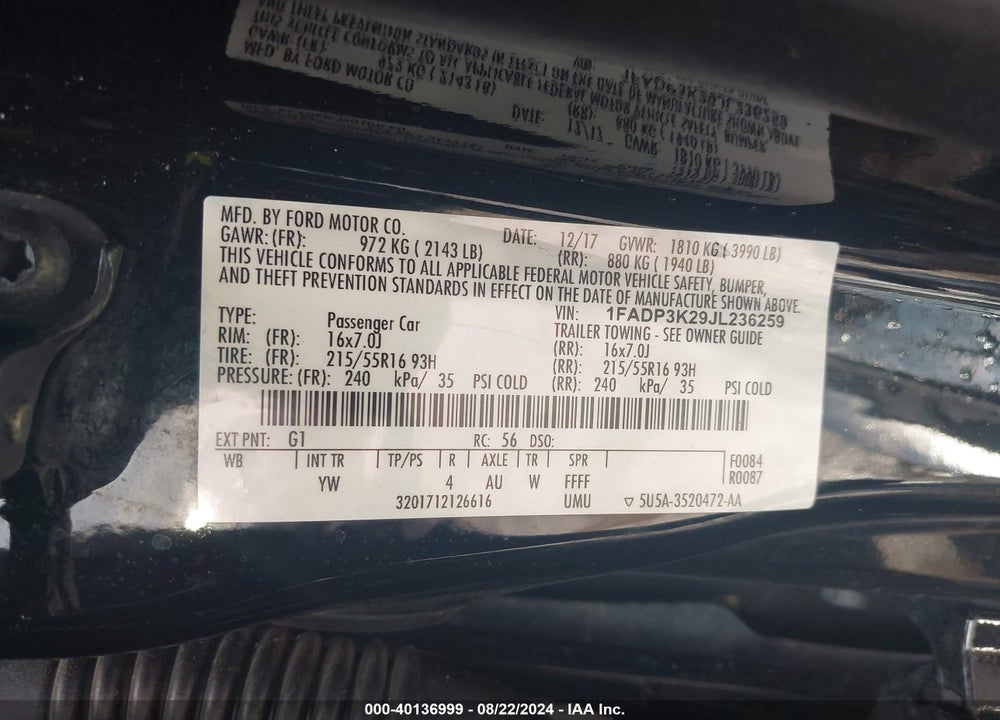 2018 FORD FOCUS SE VIN: 1FADP3K29JL236259