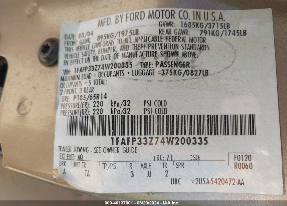 2004 FORD FOCUS LX VIN: 1FAFP33Z74W200335