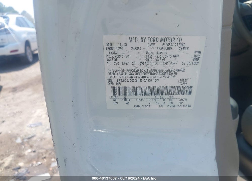2011 FORD ESCAPE XLT VIN: 1FMCU9DG4BKA99468