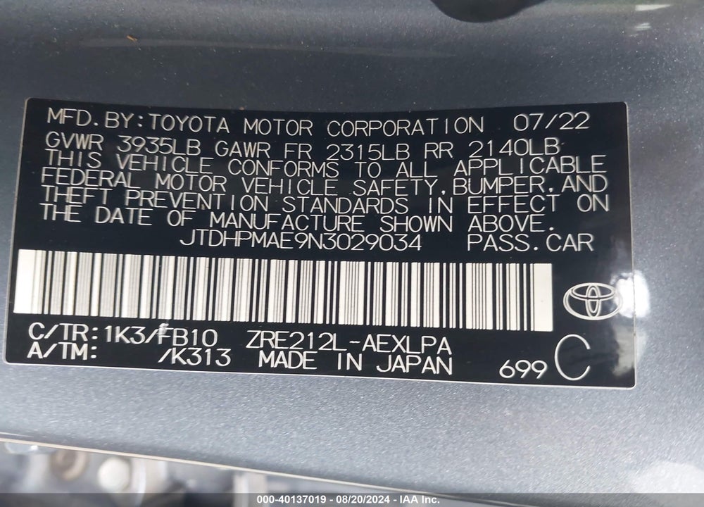 2022 TOYOTA COROLLA LE VIN: JTDHPMAE9N3029034
