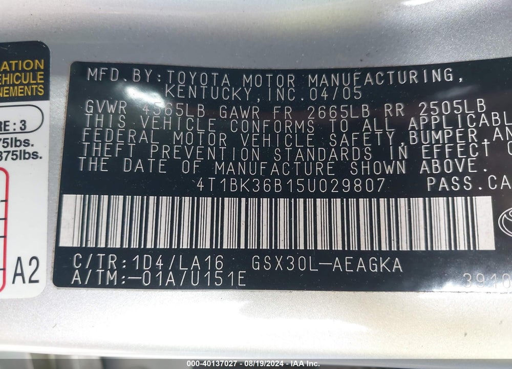 2005 TOYOTA AVALON XLS VIN: 4T1BK36B15U029807