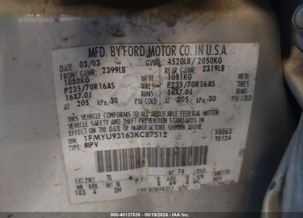 2003 FORD ESCAPE XLT VIN: 1FMYU93163KC87512