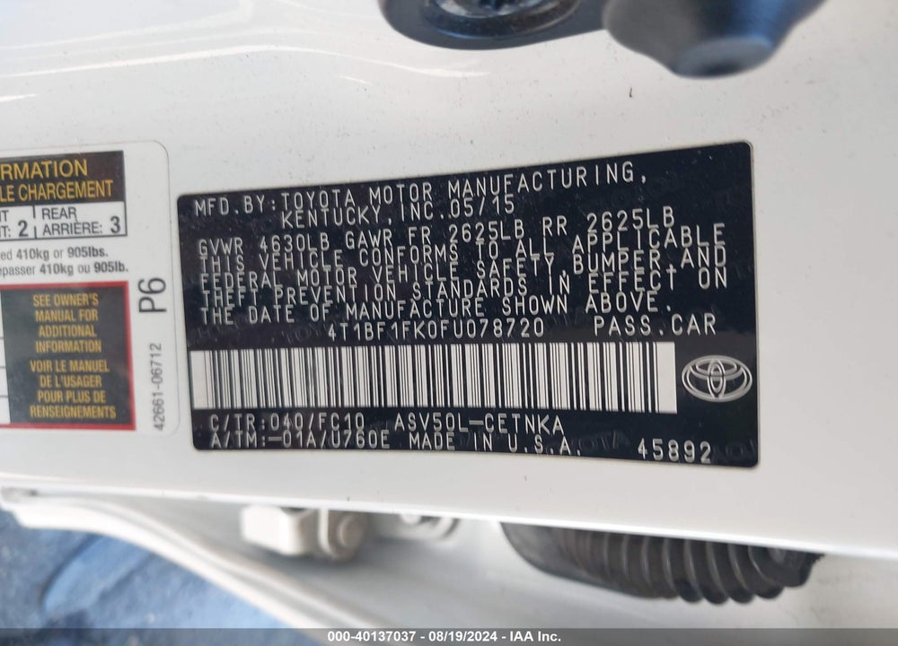 2015 TOYOTA CAMRY LE VIN: 4T1BF1FK0FU078720