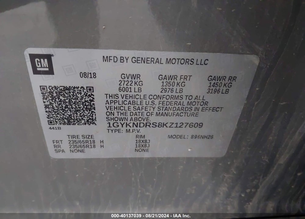 2019 CADILLAC XT5 LUXURY VIN: 1GYKNDRS8KZ127609
