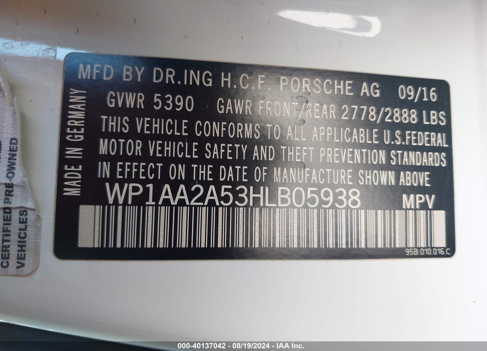 2017 PORSCHE MACAN VIN: WP1AA2A53HLB05938