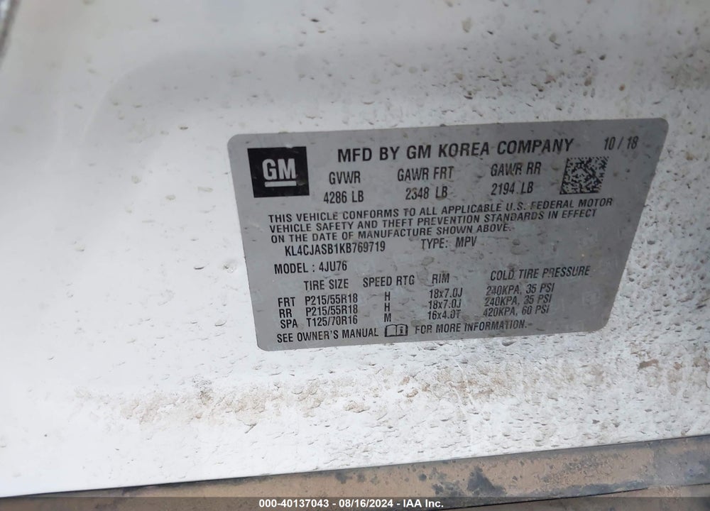 2019 BUICK ENCORE FWD PREFERRED VIN: KL4CJASB1KB769719
