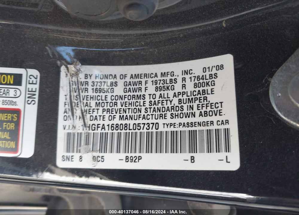 2008 HONDA CIVIC EX VIN: 1HGFA16808L057370