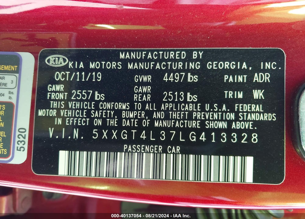 2020 KIA OPTIMA S VIN: 5XXGT4L37LG413328