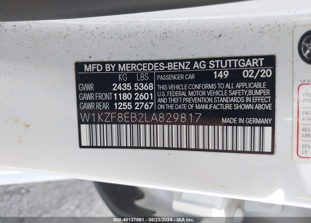 2020 MERCEDES-BENZ E 350 4MATIC VIN: W1KZF8EB2LA829817
