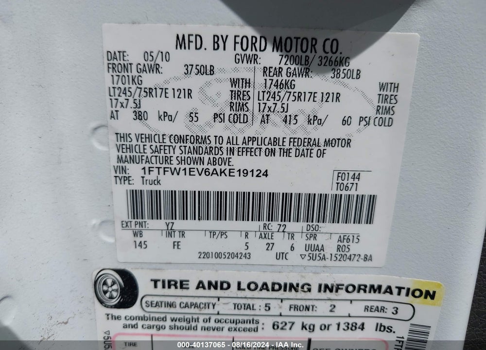 2010 HARLEY FORD F-150 FX4/-DAVIDSON/KING RANCH/LARIAT/PLATINUM/XL/XLT VIN: 1FTFW1EV6AKE19124
