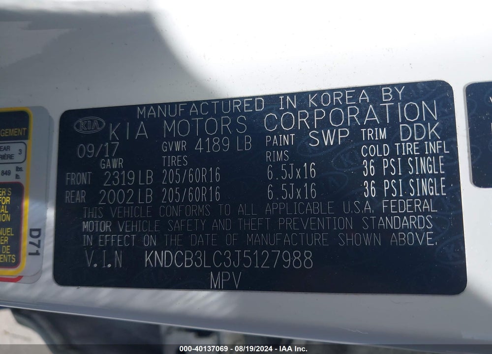 2018 KIA NIRO VIN: KNDCB3LC3J5127988