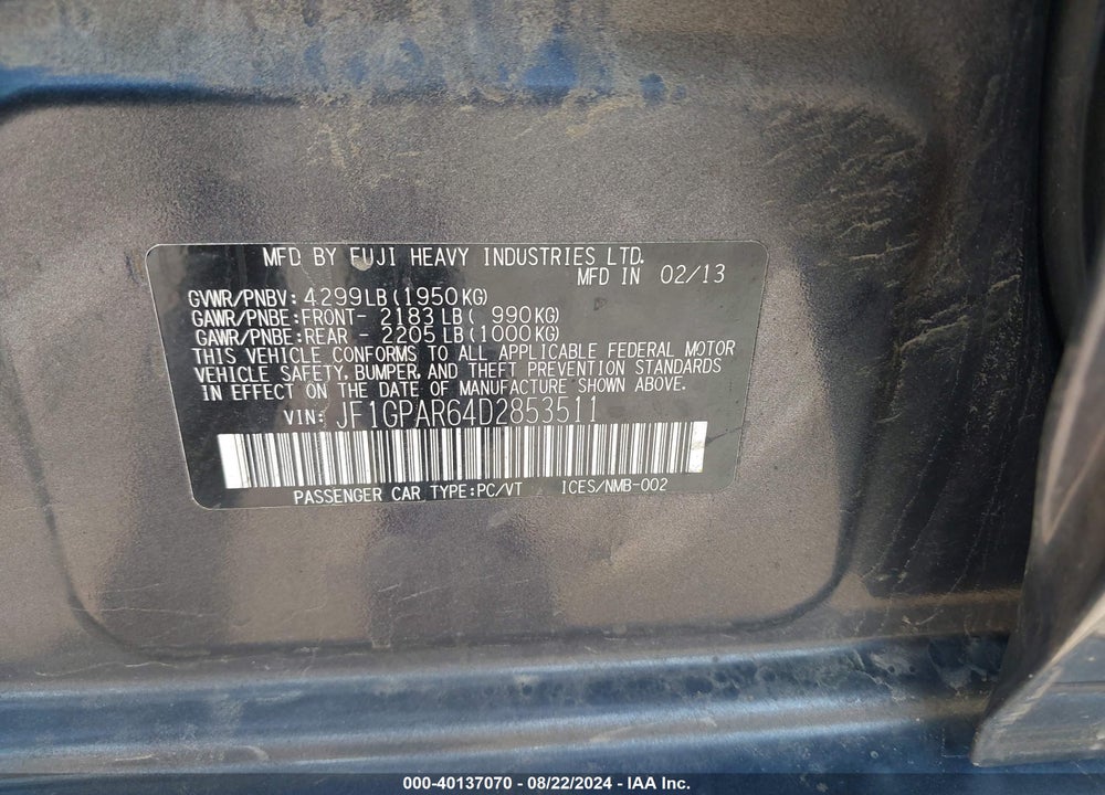2013 SUBARU IMPREZA 2.0I SPORT LIMITED VIN: JF1GPAR64D2853511