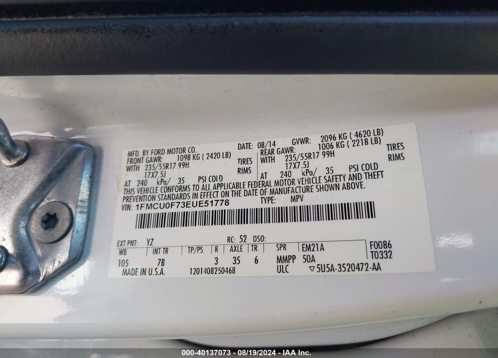 2014 FORD ESCAPE S VIN: 1FMCU0F73EUE51778