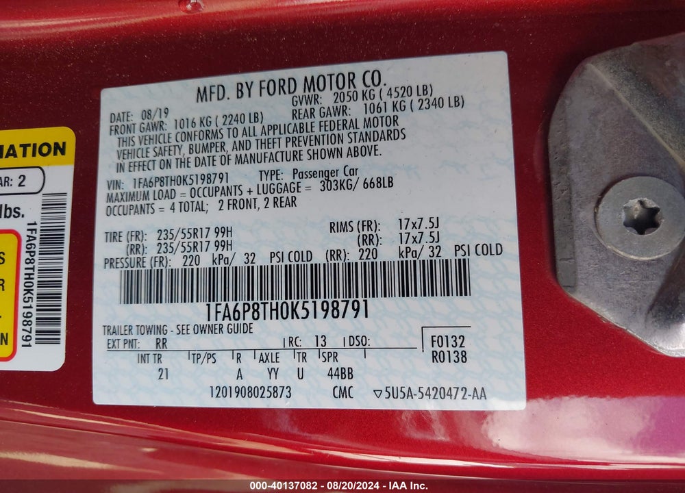 2019 FORD MUSTANG ECOBOOST VIN: 1FA6P8TH0K5198791
