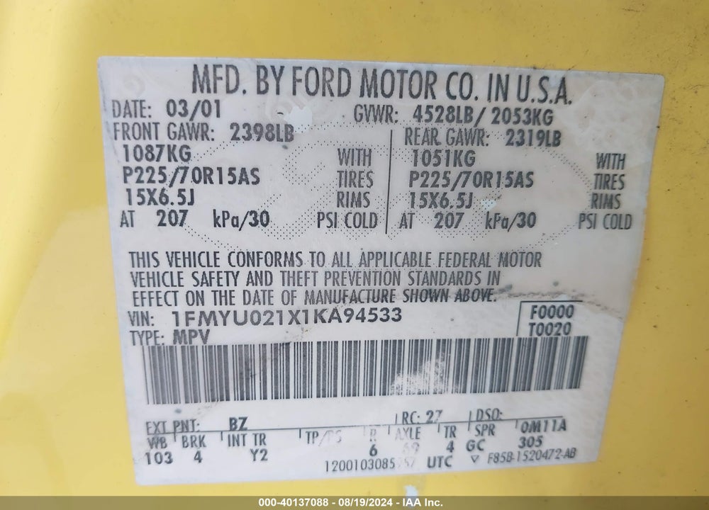 2001 FORD ESCAPE XLS VIN: 1FMYU021X1KA94533