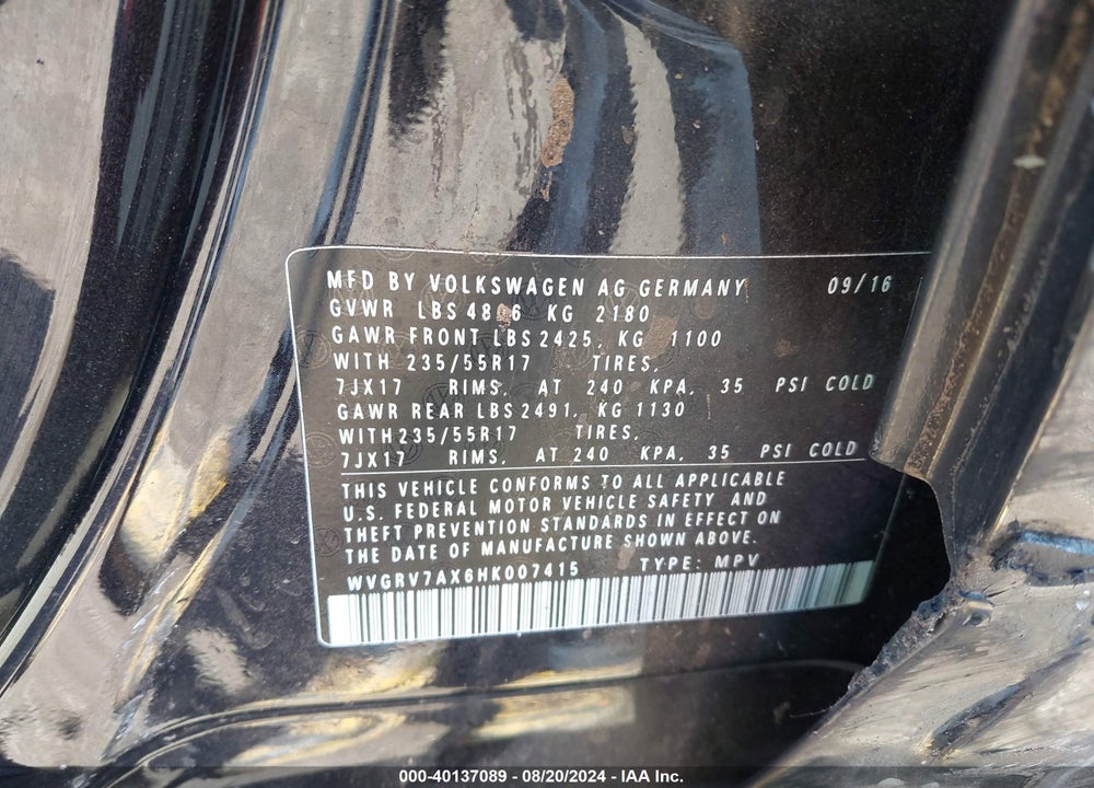 2017 VOLKSWAGEN TIGUAN 2.0T WOLFSBURG EDITION VIN: WVGRV7AX6HK007415