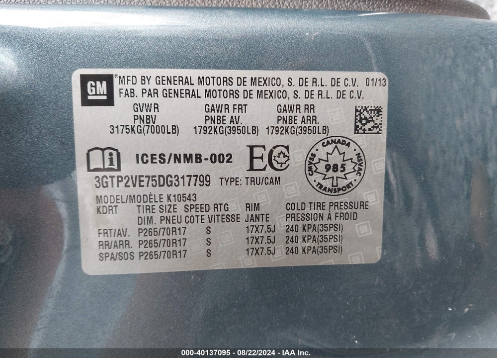 2013 GMC SIERRA 1500 SLE VIN: 3GTP2VE75DG317799