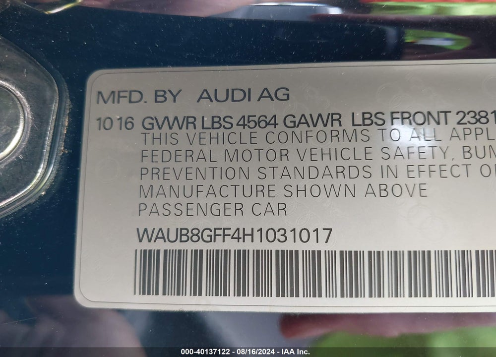 2017 AUDI A3 2.0T PREMIUM VIN: WAUB8GFF4H1031017