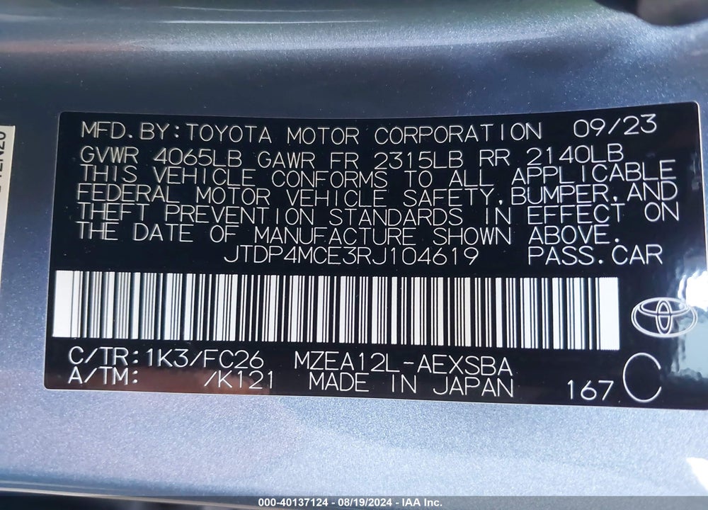 2024 TOYOTA COROLLA SE VIN: JTDP4MCE3RJ104619