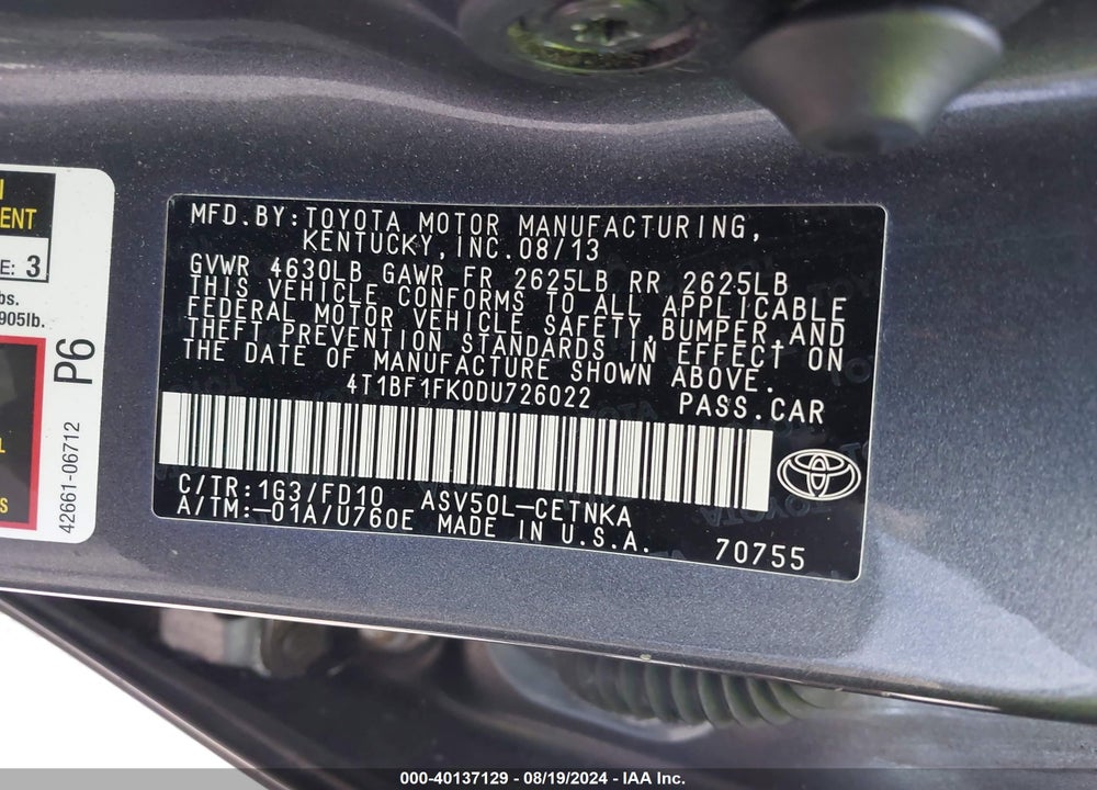 2013 TOYOTA CAMRY LE VIN: 4T1BF1FK0DU726022