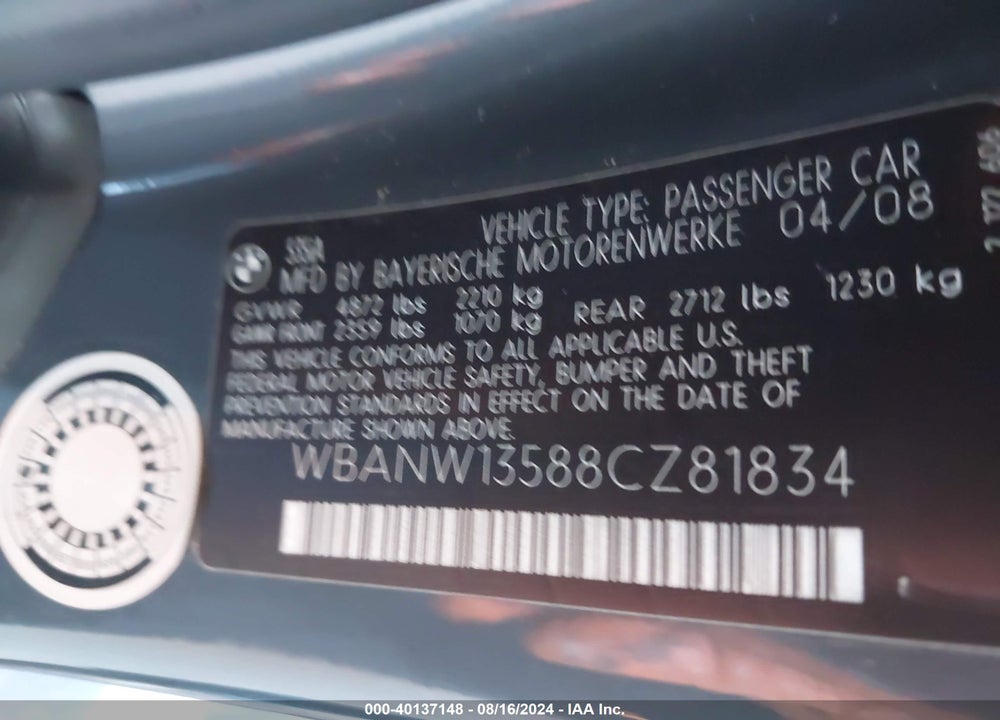 2008 BMW 535I VIN: WBANW13588CZ81834